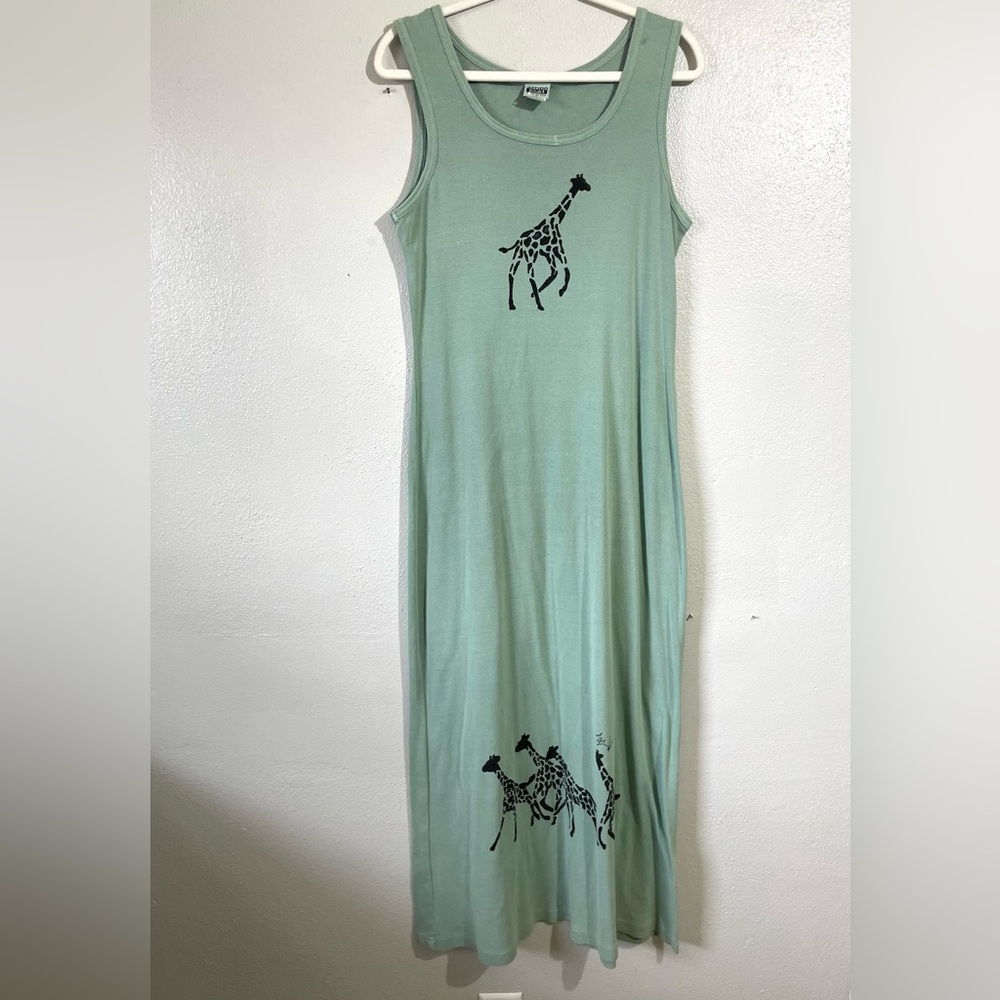 Action Gear USA Knit Cotton Maxi Dress Sleeveless Green Giraffe Safari Medium